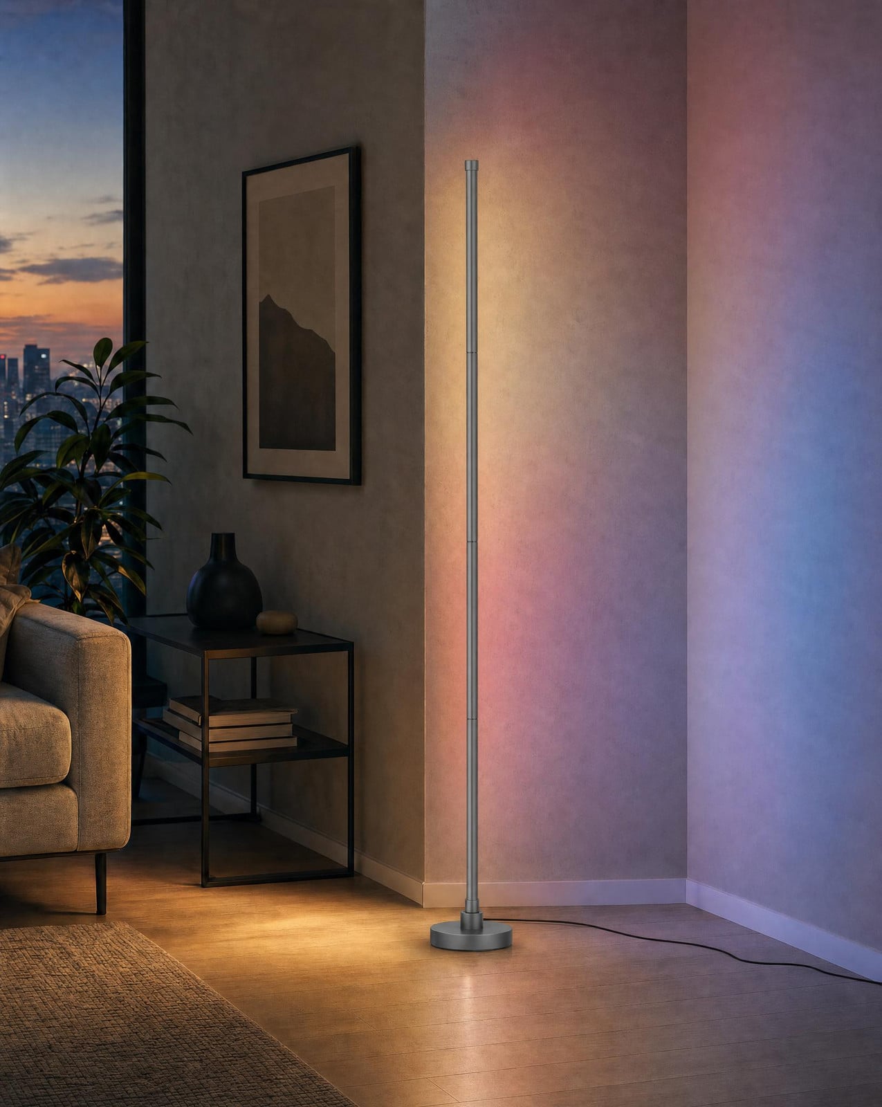 Northpoint LED hoeklamp staande lamp met RGB en warmwit licht, geluidsensor en afstandsbediening, Grijs, Hoogte: 147,5 cm
