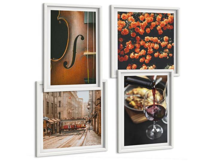 BILDER SET 4er Set - 50x50 cm & 40x60 cm Weißer Rahmen - Vintage Blumen Straße Wein Geige