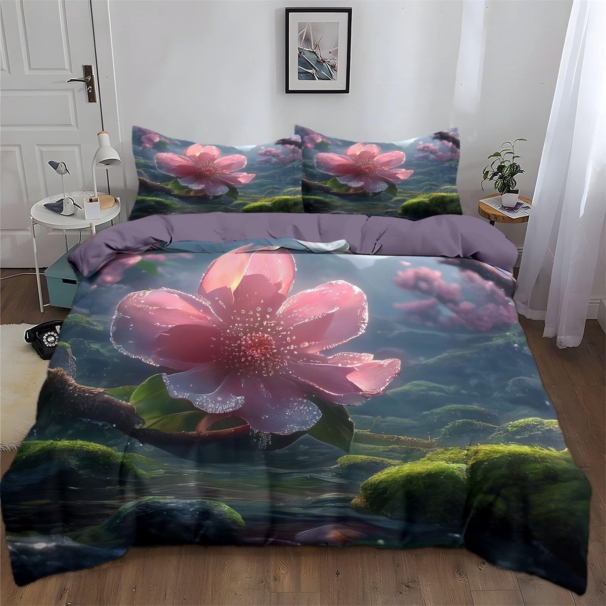 Omkeerbaar Dekbedovertrek Set met Fantasy Bloemen Bergen - Paars - 260 x 220 cm