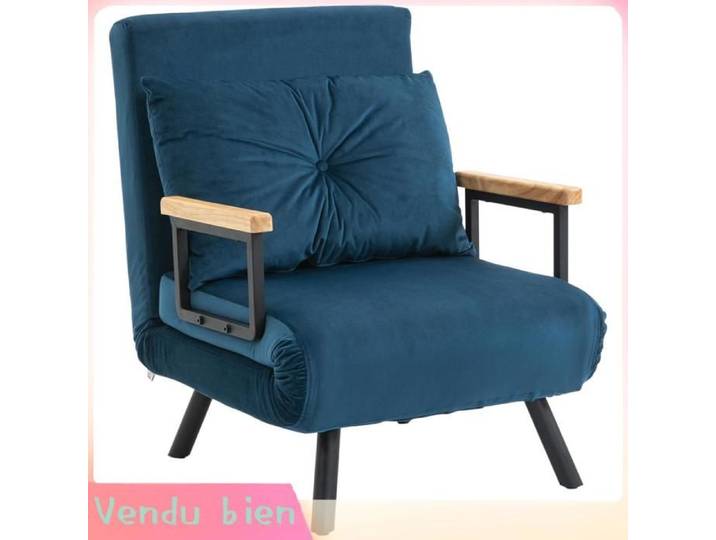 LIA Fauteuil convertible 3 en 1 lit 1 place velours bleu