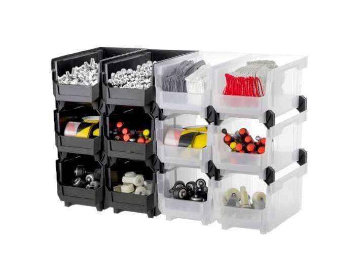 VEVOR Bac à Bec Empilable Lot de 12 Bacs de Rangement en Plastique\, 37\,7 x 21\,5 x 18 cm\, Boites de Rangement pour Atelier\, Garage\, Fournitures de Bureau et Autres Accessoires\, Noir et Transparent
