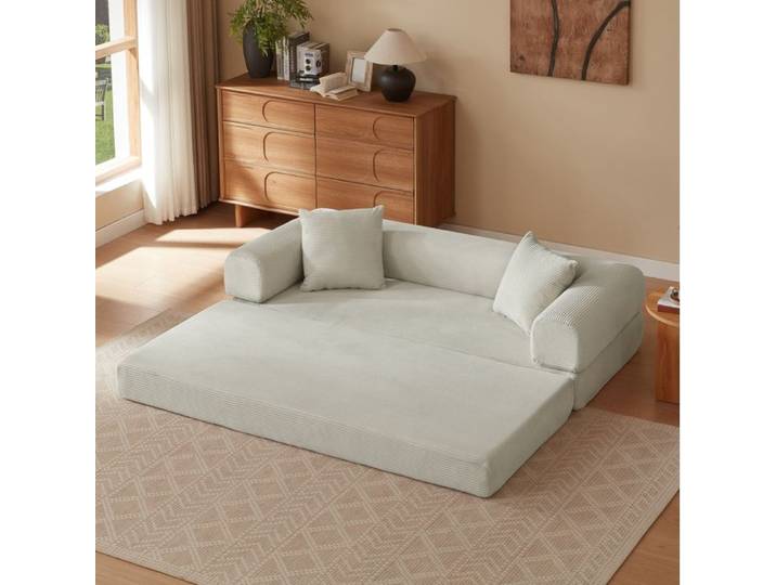 Canape Convertible Beige En Mousse Canape-Lit Modulable FloraGrace Pour Salon Ou Chambre Sans Montage 195x89x59cm