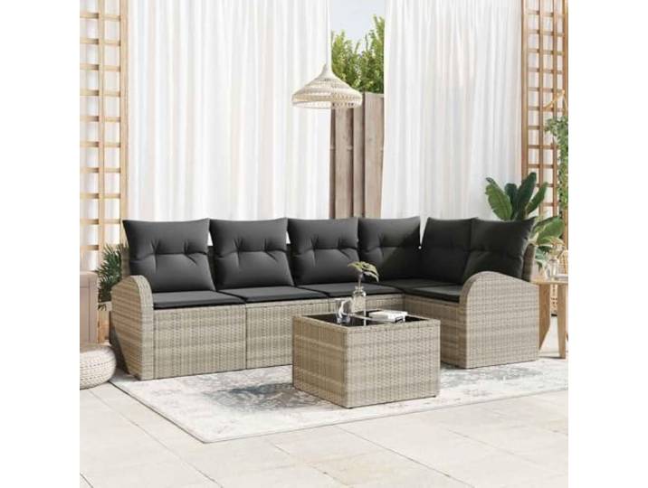 KTHLBRH Modulares Sofa-Set, 6-teilig, hellgrau, Polyester Handgeflochten, wasserabweisend, inklusive Kissen, für Garten und Terrasse