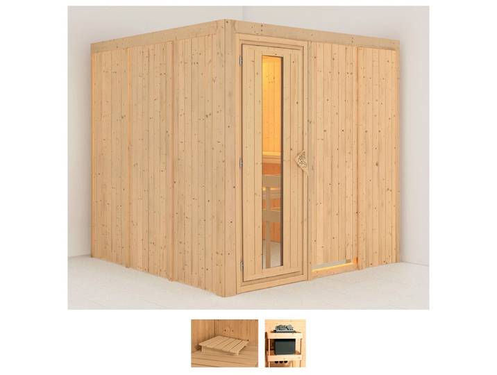 Sauna KARIBU Rodin , beige (naturbelassen), ohne Ofen, (ohne Ofen), Saunen, Sauna, ohne Ofen