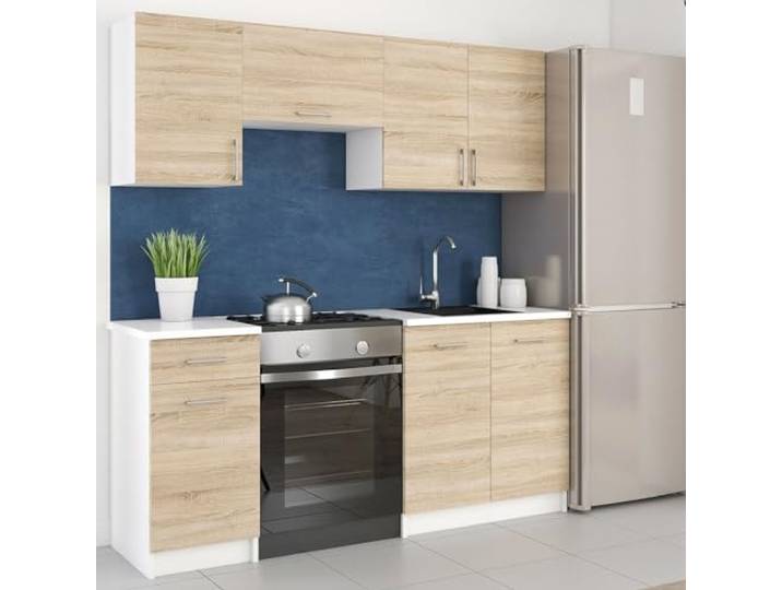 roe furniture Küchenzeile ohne Elektrogeräte - Modern Einbauküche 180 cm - Küche Komplett Leco - Küchenblock - Geräumige Singleküche - Küchenmöbel Komplett Helle Sonoma & Weiße Arbeitsplatte