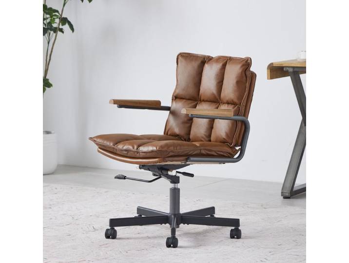 Chaise de bureau en cuir ergonomique réglable en hauteur pivotante 360° à roulettes avec accoudoirs bois JOINERY