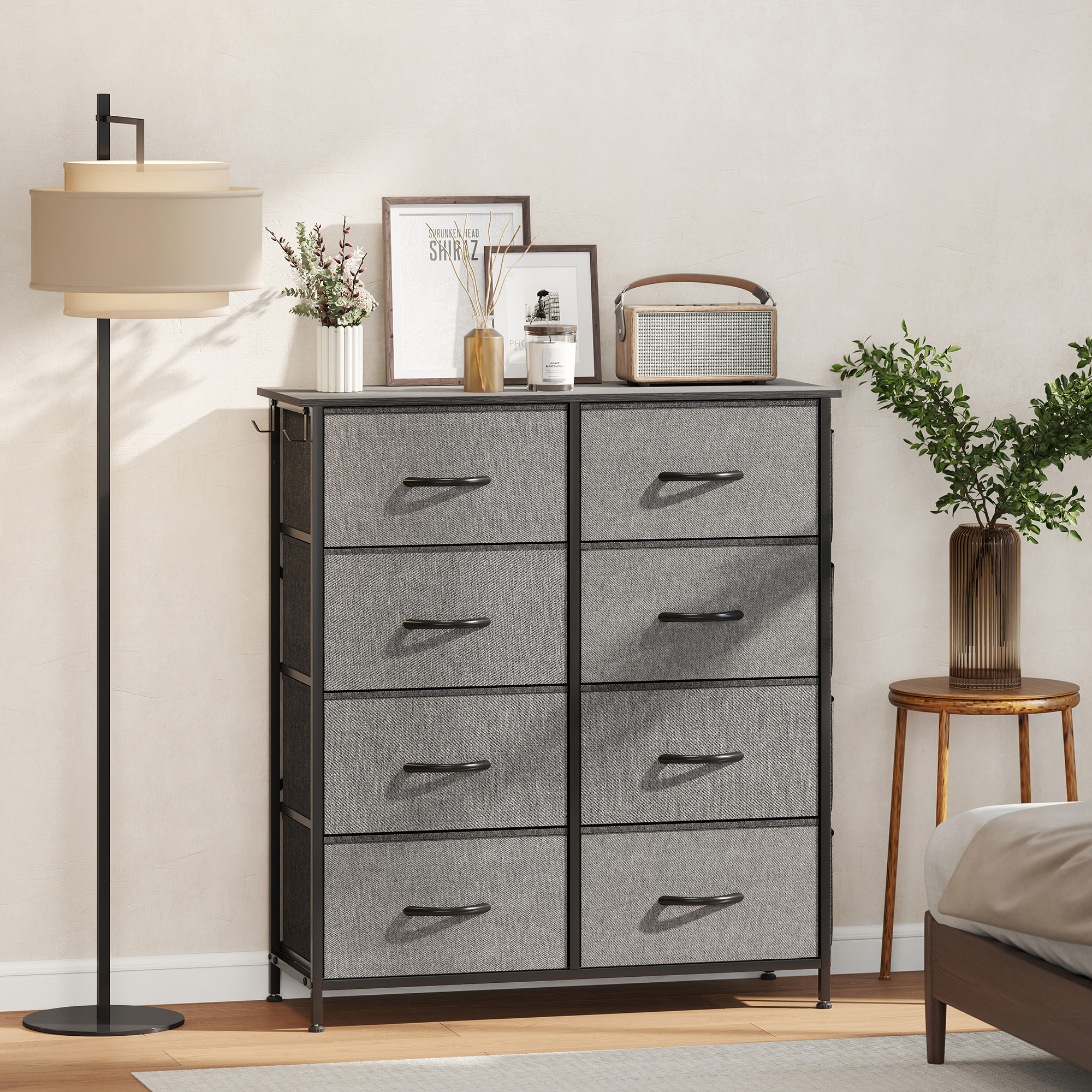 Homcom Cassettiera in tessuto con 8 cassetti, 4 tasche e 2 ganci, 86x30x94,5 cm, grigia   Aosom Italy