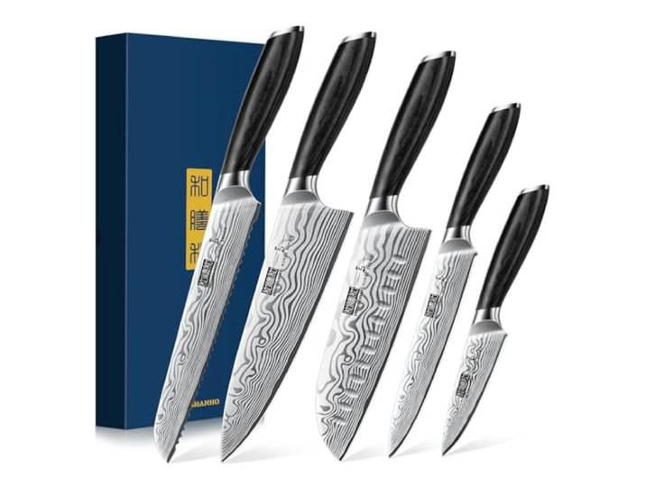 HOSHANHO 5-Teilig Messerset, Kochmesserset Japanisches Chefküchenmesserset Ultra Scharfes Professionelles Pulverstahl Chefmesser Set mit Ergonomischem Pakkawood-Griff
