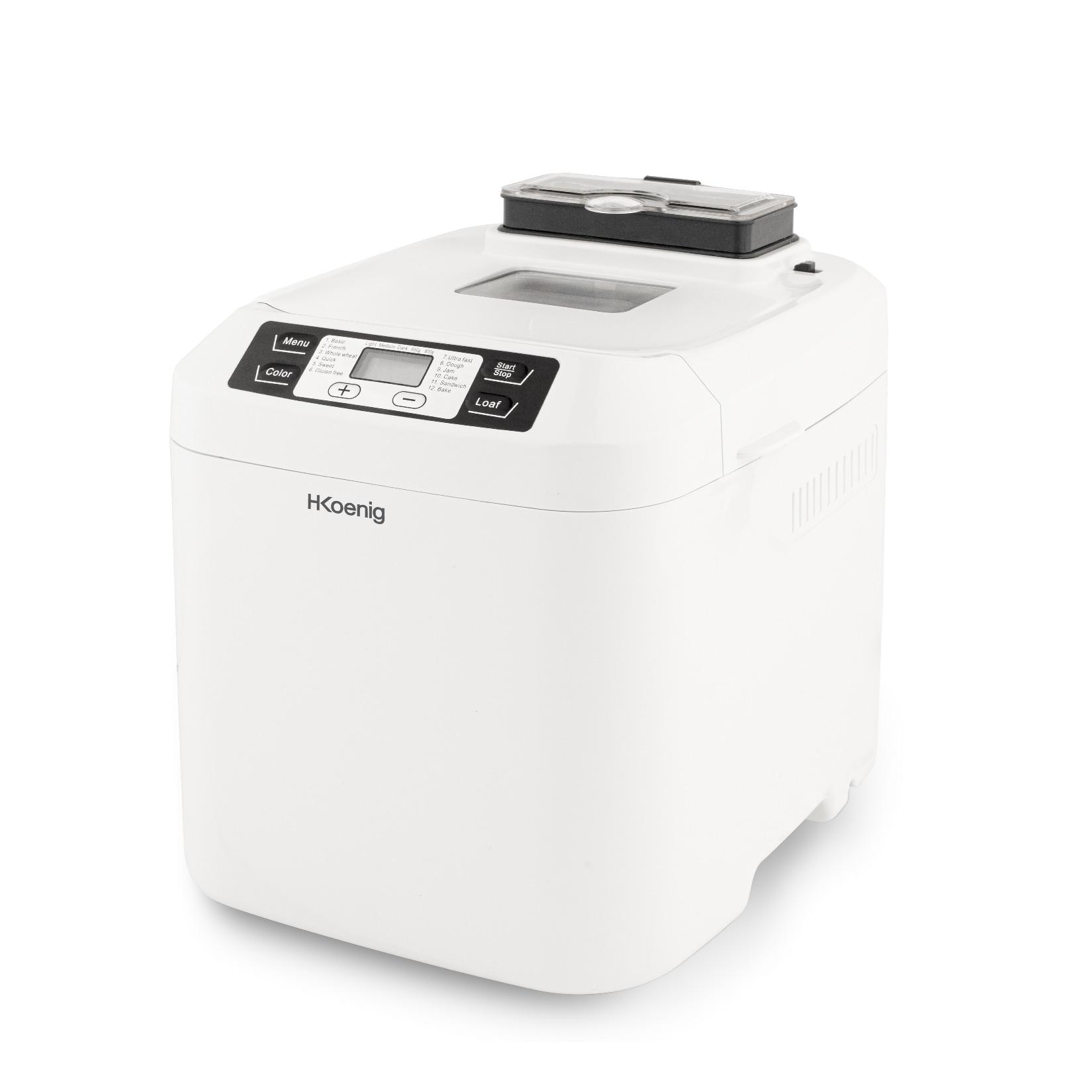 H.Koenig BAKE340 Brotbackautomat, 12 Programme, 2 Brotgrößen, Startzeitvorwahl und Warmhaltefunktion, LCD-Display, 550 Watt, Weiß