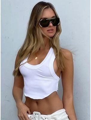 Universal Stock Ribbed Square Neck White Crop Tank Top For Women Slim Fit Summer Streetwear white l