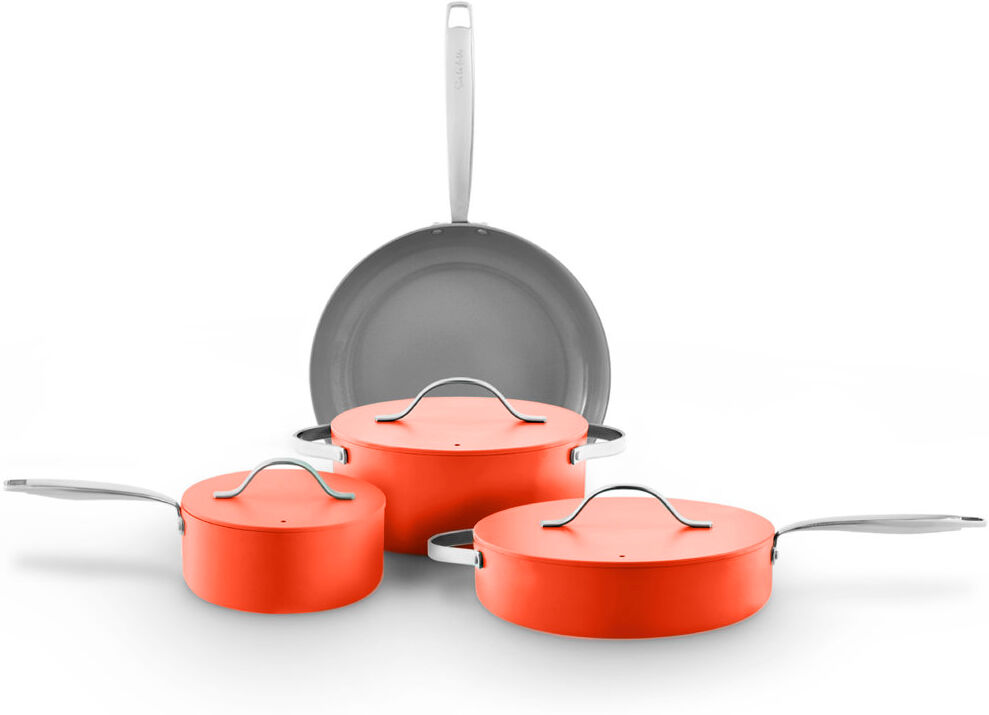Sur La Table Colour Me Happy 4 Piece Cookware Set, 28cm Frying Pan, 20cm Saucepan, 24cm Casserole, 28cm Multi-Pan, Lids with Steam Release Vents (No Lid with Fryin Orange 4