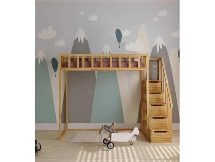 Stolarnia Fojtuch Die Kinderbett aus Holz - Hochbett mit seitlichem Eingang und Treppe Filip - Höhe 150cm - Kiefer (180x90)