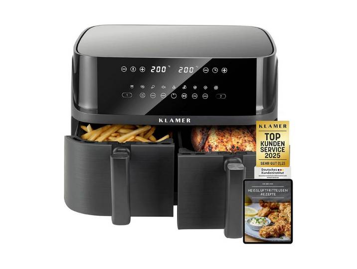 KLAMER Heißluftfritteuse Heißluftfritteuse Duo 9 L – Doppelkammer Airfryer mit 2 Körben, 3000 W, Zwei separate Fächer, Smart-Funktionen, Mehrere Programme & Steuerung