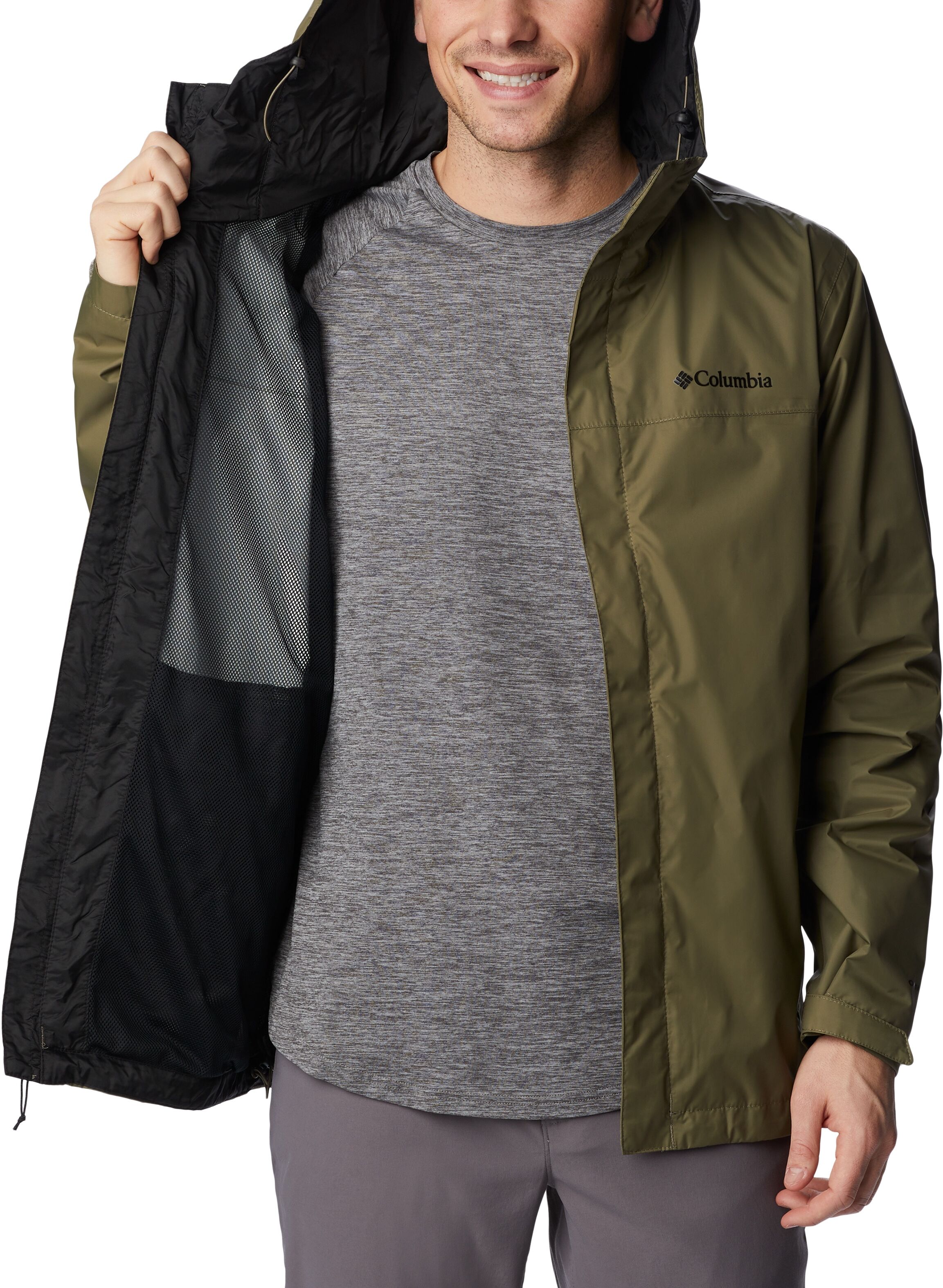 Regenjacke COLUMBIA "WATERTIGHT II JACKET", Herren, Gr. XXL, grün (stone grün), Web, Obermaterial: 100% Nylon, hoch geschlossener Ausschnitt, eingesetzt eingefasste Kante mit Klettverschluss, Jacken Regenjacke, mit Reissverschlusstaschen, wasserabweisende