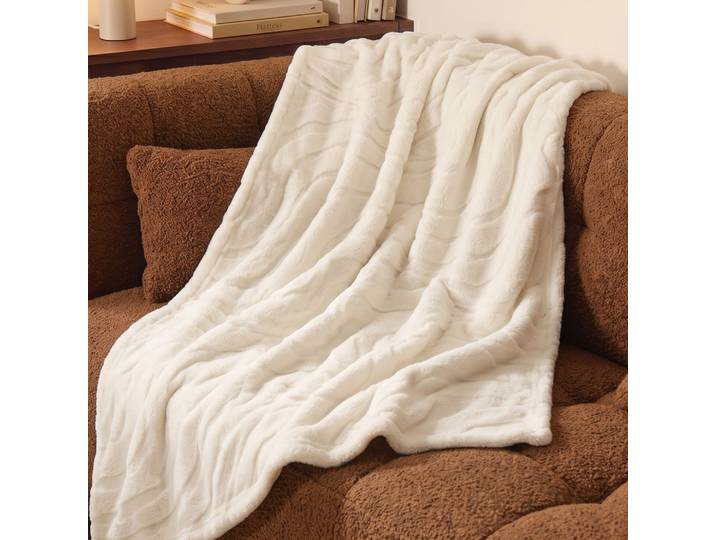Plaid polaire chaud écru 150x200 Wave
