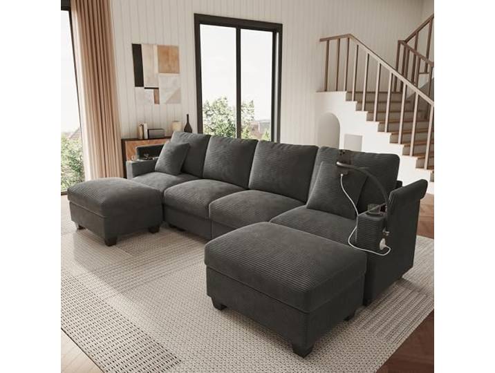 VILUXE Wohnlandschaft U-Form Sofa mit Schlaffunktion 275x139 cm Grau U Sofa mit Schlaffunktion, Cordstoff Bezug, Wohnzimmer und Schlafzimmer, für Familien