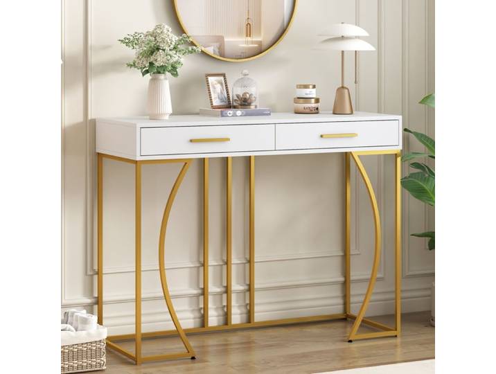 Console d'entrée - 2 tiroirs - Blanc/Doré - MDF et métal - 110 x 32 x 85 cm