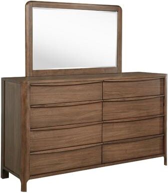 Benjara Rie Wide Dresser with Mirror, 8 Drawers, Walnut Brown, Rounded Corners