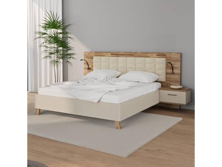 Forte RICCIANO Bettgestell mit Nachtkommoden 180x200cm, Bett mit Polsterkopfteil, Holzwerkstoff, Stabeiche Holzdekor/Kaschmir Beige, 296,5 cm breit x 119,7 cm hoch x 210 cm tief