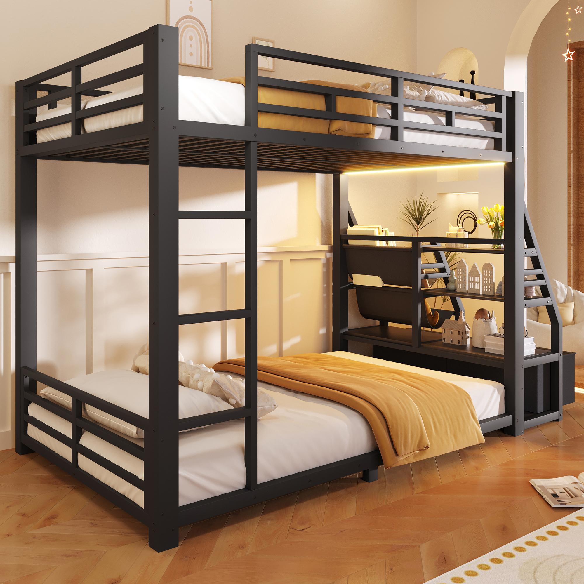 STILVORA Etagenbett 90x200 cm mit LED-Beleuchtung, Hochbett mit 2 Stoffschubladen, Kinderbett Schwarz für Schlafzimmer,Metall