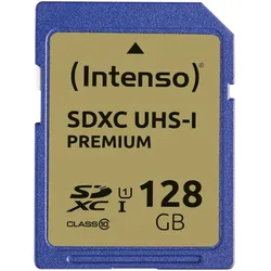 Intenso UHS-I Premium (128 GB, SDXC, U1, UHS-I), Speicherkarte, Gold, Blau