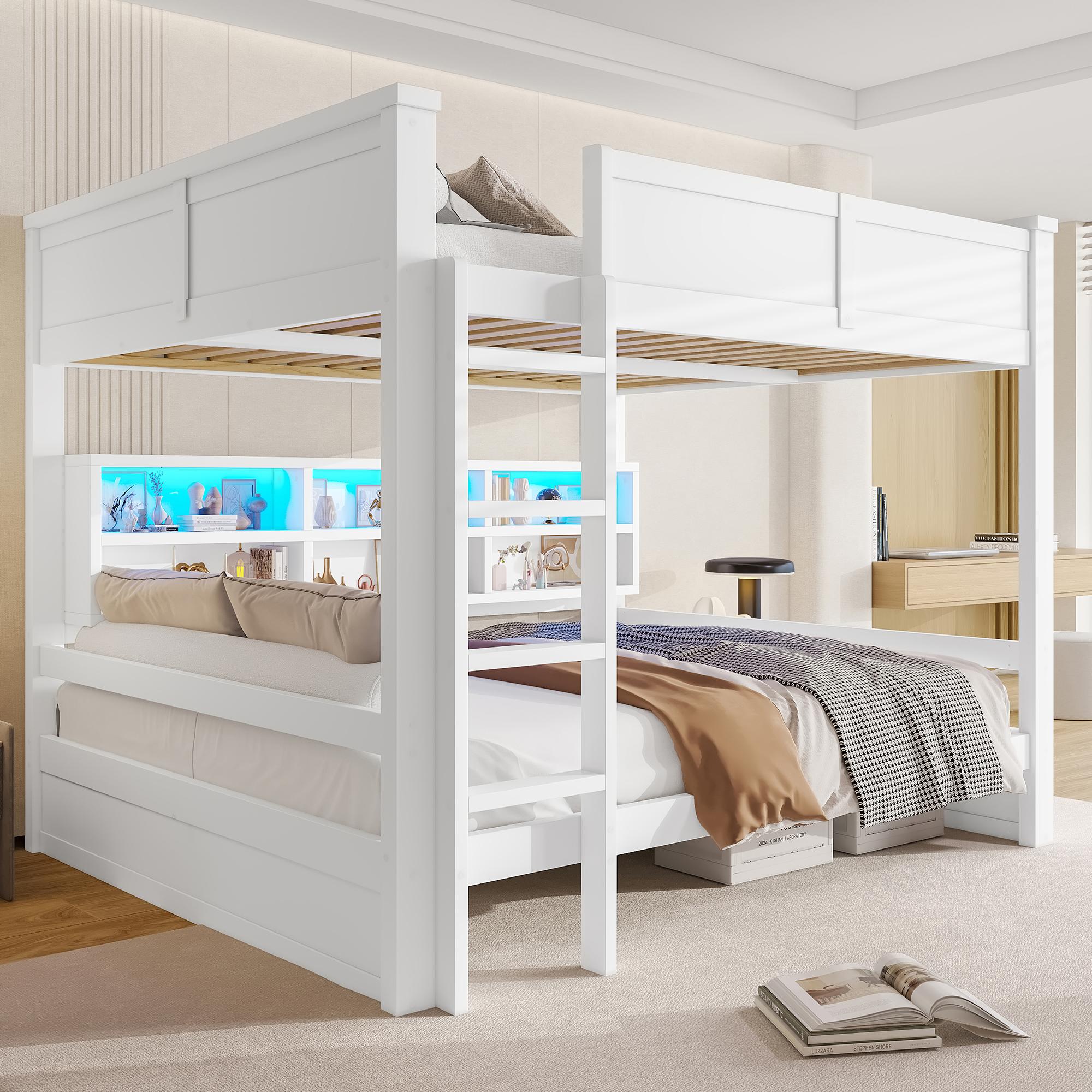 STILVORA Etagenbett 160x200cm Jugendbett mit 6 Stauraumschränken und LED-Licht, Weiß, aus hochwertigem massivem Kiefernholz und MDF