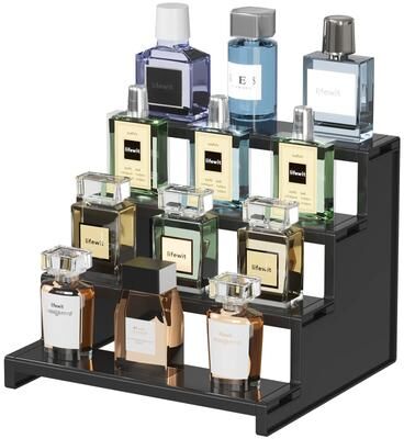 Inspired Living Tiered Dark Wood Perfume Organizer Stand 3 Step Cologne Display Stand For Vanity & Skincare Storage 1 Set 9 Inch