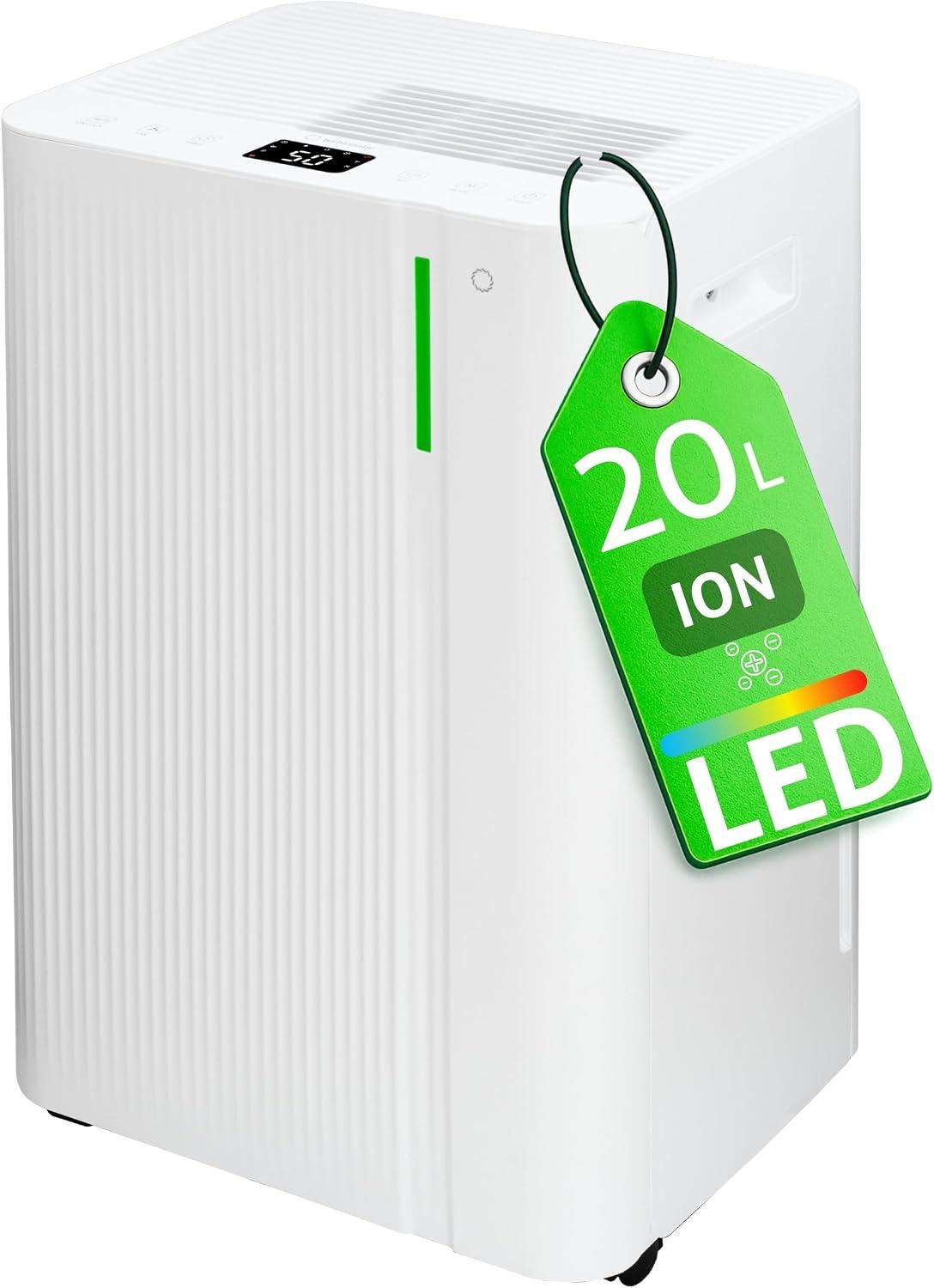20 ION Luftentfeuchter für den Hausgebrauch, gegen Schimmelbildung, 20 Liter pro 24 Stunden, Reinigung durch Ionisierung, Tankvolumen 4,5 Liter, Timer, automatische Neustartfunktion, geeignet für Räume bis zu 45 m²