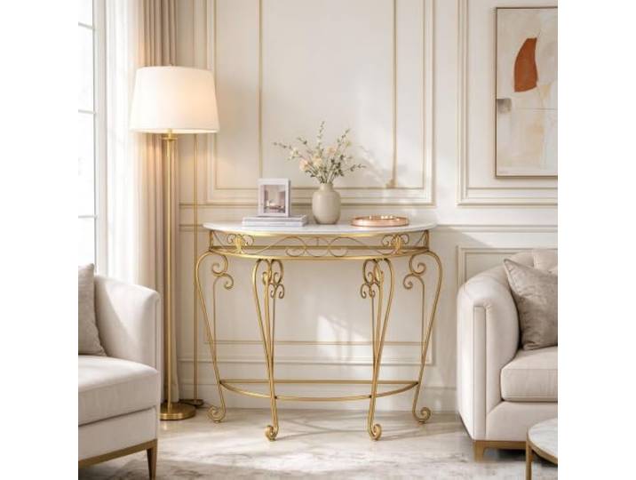 Luxus Halbmond Konsolentisch Metallgestell Holzmaserung Platte Rostfrei Pulverbeschichtet 50kg Tragkraft Kleiner Flurtisch Wohndeko(Gold,90cm/35.4in)