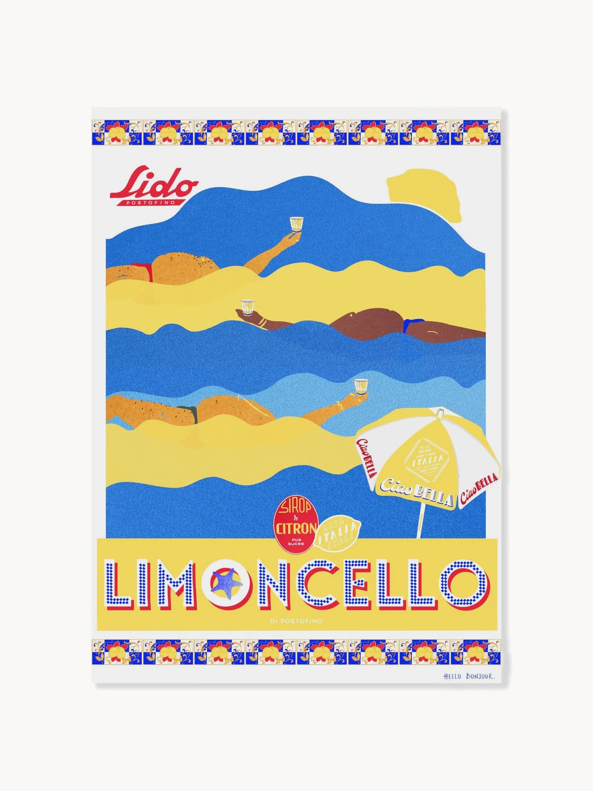 Poster en lijst Hello Bonjour - En Vacances Limoncello