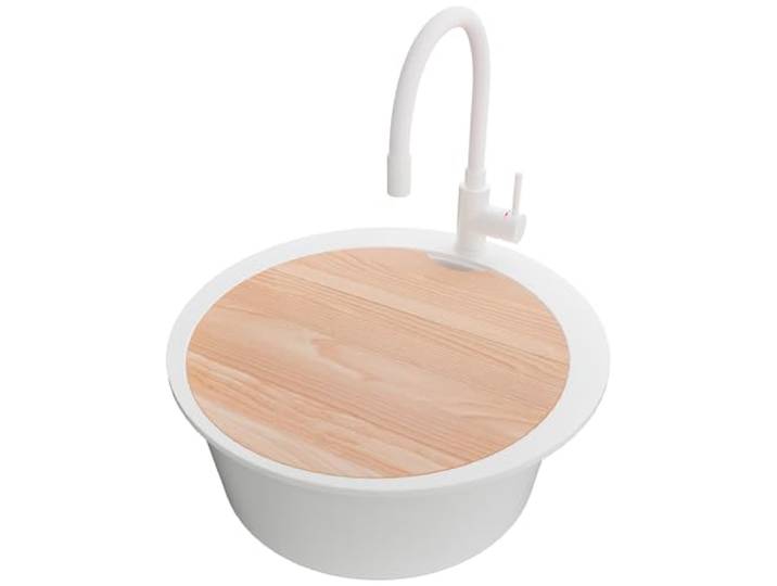 PRIMAGRAN Granitspüle ab 50er Unterschrank + Küchenarmatur, 53x53cm Set: Küchenarmatur BW6020 + Ablauf-Set + Schneidebrett + Spülbecken Rund 1 Becken - Piza, Weiß