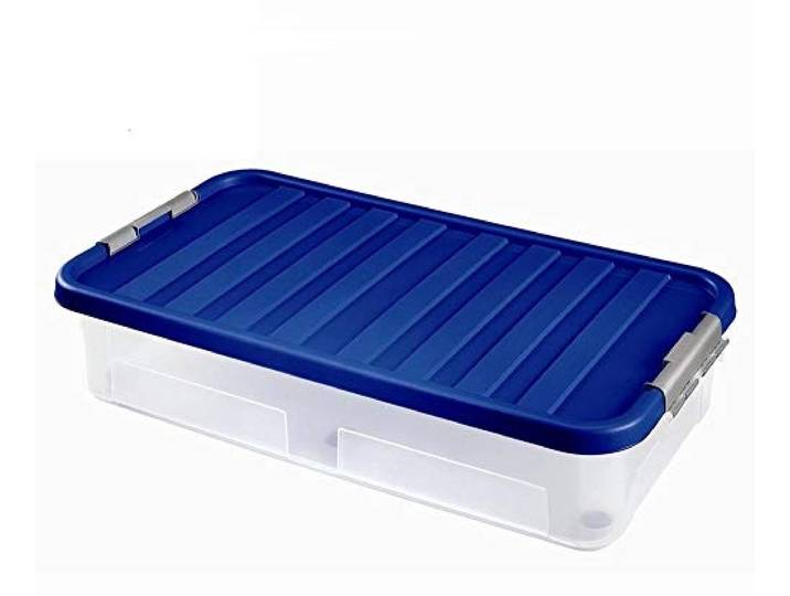 Heidrun 6 Stück Unterbettbox mit Rollen-40 Liter, 80x40x18cm- Box transparent/transparenter oder blauer Deckel (Farbwahl zufällig)