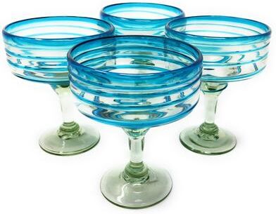 Dos Suenos Mexican Hand Blown Glass Set of 4 Hand Blown Margarita Glasses with Aqua Spiral Design