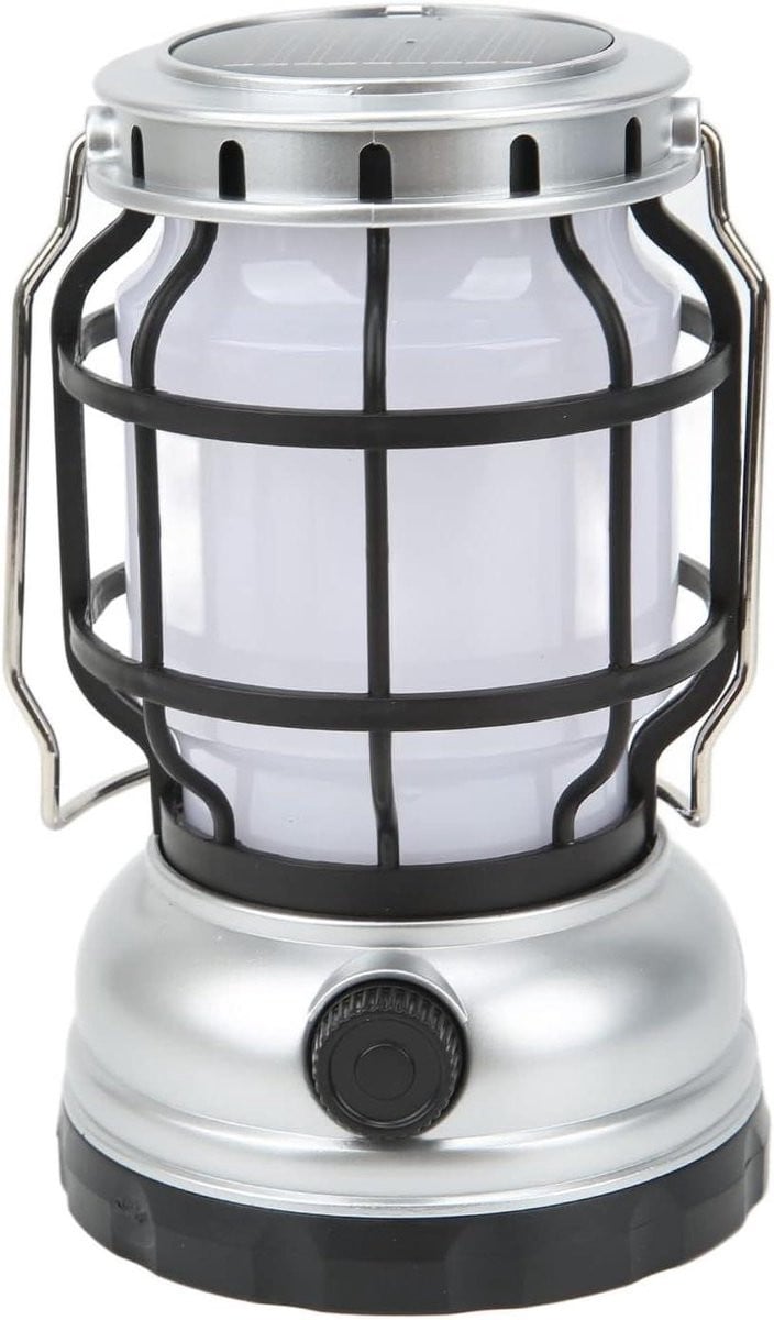 Oplaadbare LED Camping Lantaarn met Zonne-energie en Haak - Zilver - Hoogte: 18 cm