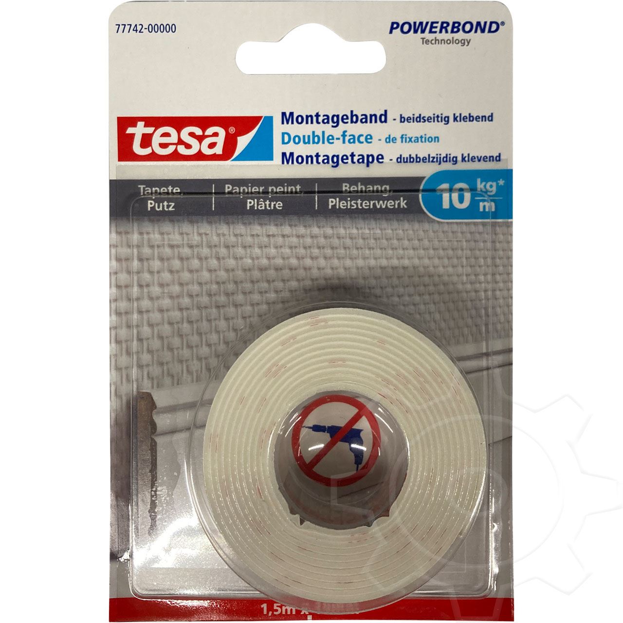 Tesa Montageband, 1,5m x 19mm, für Tapeten und Putz, bis zu 10kg/m, weiß