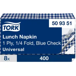 Tork Blaukarierte Lunchserviette, 1/4-Falz, 1-lagig, 33 cm × 33 cm, 8 × 400 Serv...