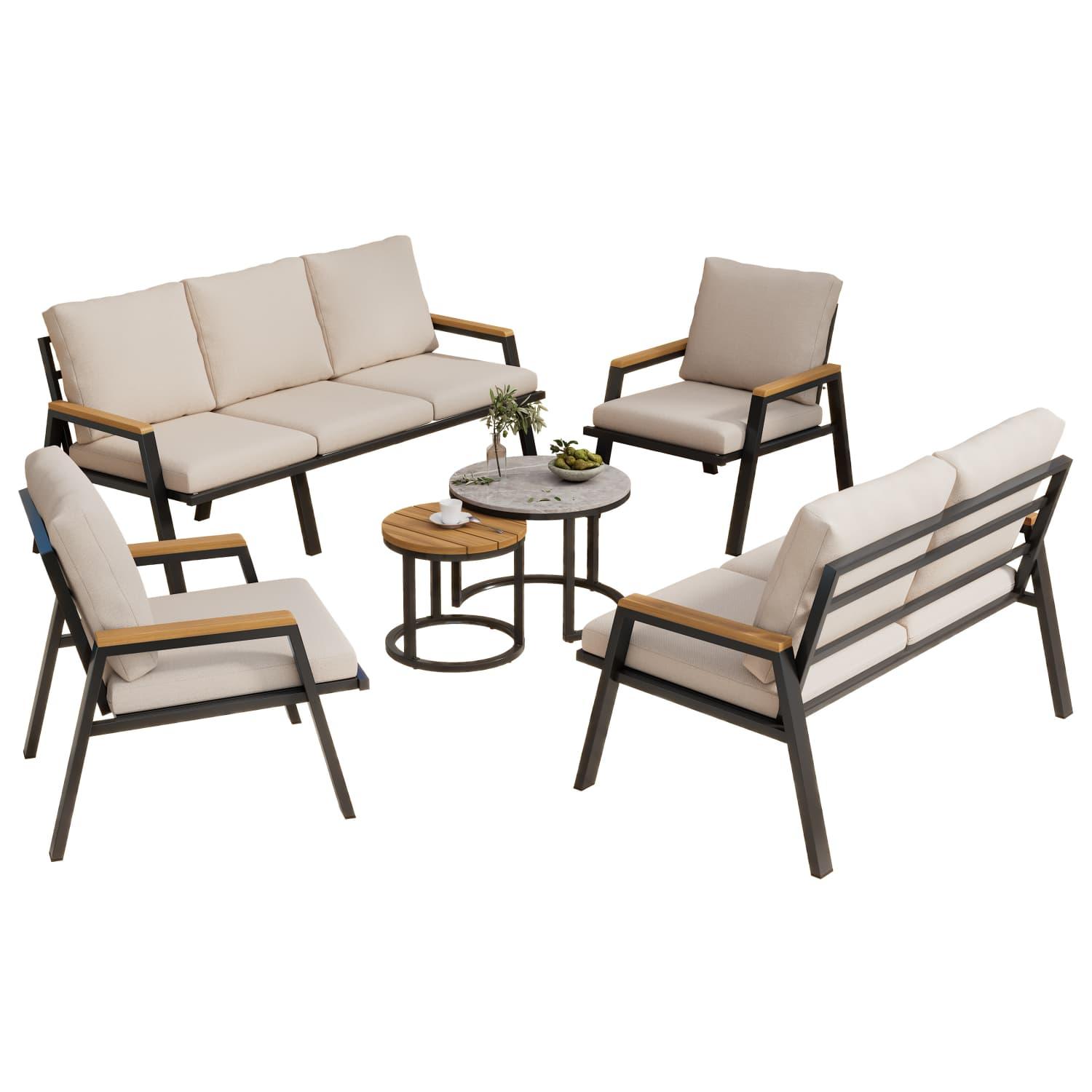 Gartenlounge-Set,Gartenmöbel-Set mit bequemen Kissen,3-Sitzer-Sofa,2-Sitzer-Sofa,2 Sessel+2 Couchtische,Marmor lackierte Glasplatte und Holzplatte
