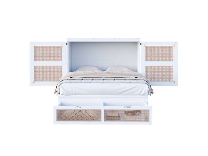 Lit armoire 140x200 cm lit simple vertical avec sommier tiroirs de rangement style rotin blanc