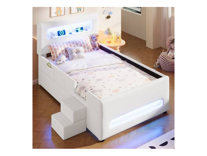 STILVORA Kinderbett 90x200 mit Treppe&Tasche,Tagesbett Jugendbett mit LED+USB&Schubladen (mit LED-Lichtleisten & Schublade, Treppe inkl., Kunstlederbezug., 1-tlg., 218 x 97 x 95), mit Treppe