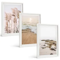 BILDER SET 3er Set - 40x60 cm Weißer Rahmen - Strandgras, Wellen, Steine, Boho-Stil
