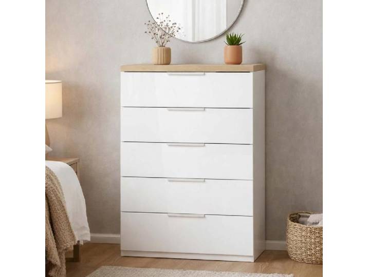 Commode polyvalente 81x103h cm avec 5 tiroirs en bois blanc brillant