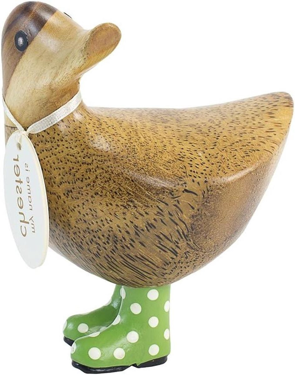 Handgesneden houten wandelende eend decoratief beeldje groen met stippen