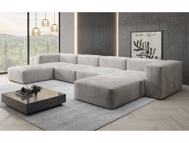 Designer U Sofa Snug in Samt - Hellgrau - Samt - Luxusbetten24