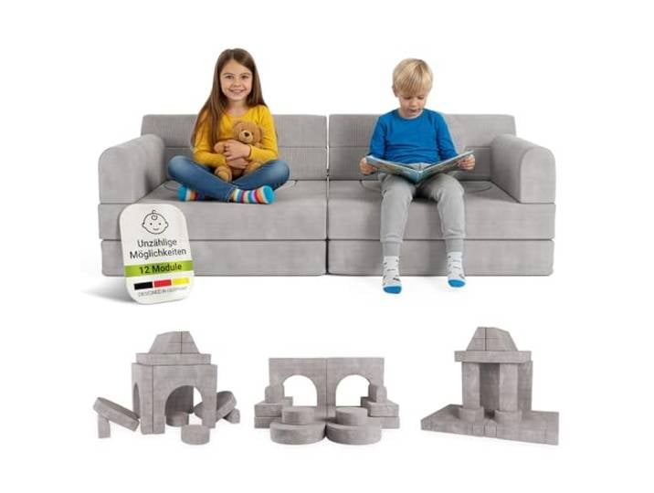 Juskys® Kindersofa Kayo – Cord, modular & weich, Sofa für Kinderzimmer & Spielzimmer, sicher, flexibel, pflegeleicht, mit abnehmbaren Bezügen – Hellgrau