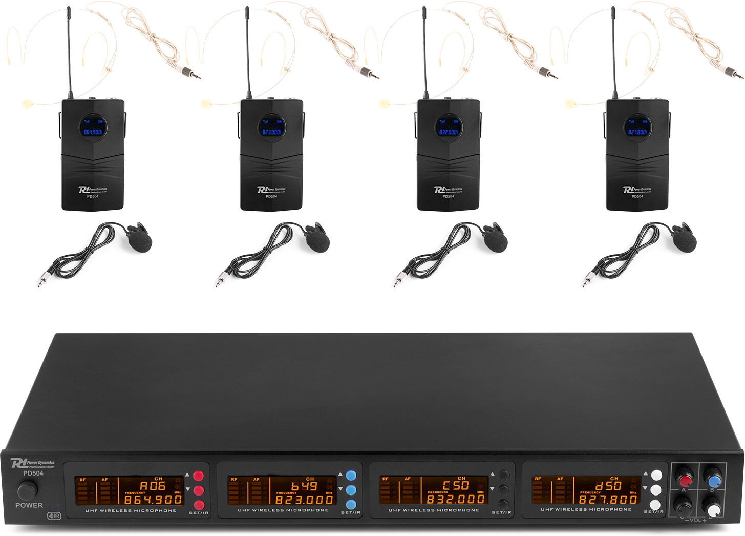 Power Dynamics PD504B Ensemble de 4 microphones sans fil UHF à 50 canaux avec 4 microphones de poche - Kits de microphones