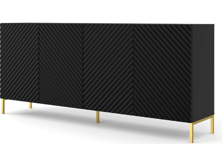 Commode SURF 4D 200 cm NOIR MATTE Buffet 4 portes avec façades MDF fraisées Armoire Buffet BEINE GOLDEN