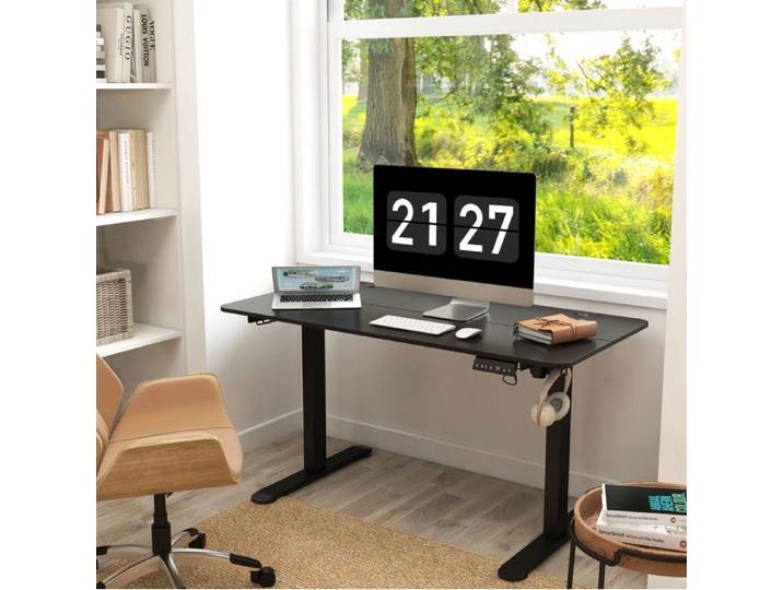 Bureau assis-debout électrique réglable en hauteur 140x70 cm avec mémoires anti-collision noir FOLYNA