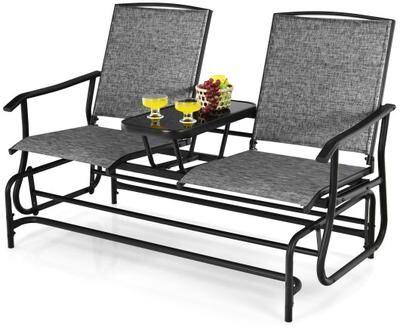 Costway 2-Person Double Rocking Loveseat with Mesh Fabric and Center Tempered Glass Table-Gray