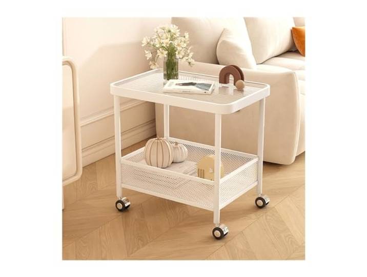 Rv2sGf3kH Küchenwagen Mobiler Beistelltisch, Doppellagiges Lagerregal mit Rollen, Glas-Snack-Lagerregal, mobiler Boden-Aufbewahrungswagen, Küchenwagen(Weiß)