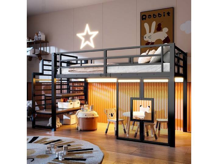 Lit mezzanine - SOGEU - Lit Mezzanine 90x200 - Escalier avec rangements - Éclairage LED - Métal noir